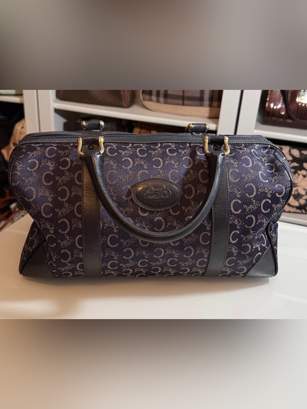 Celine Paris Navy Blue Canvas Boston Bag Satchel with Black Leather Trim